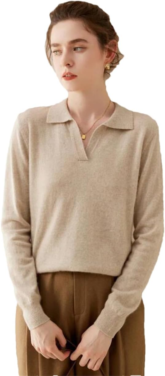 レディースカシミヤメリノウールセーター長袖ポロネックカジュアルジャンパーソリッドニットプルオーバートップス milk Lightta