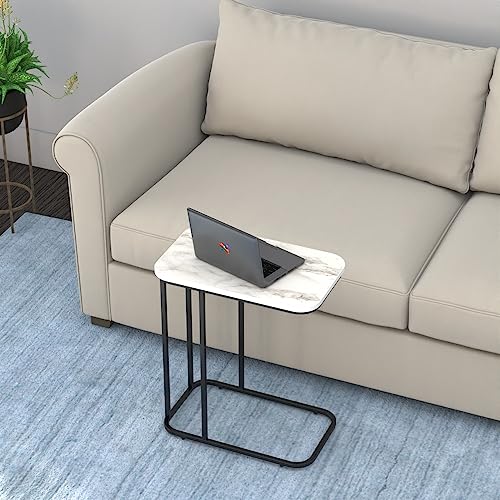 Image of DECOWORLD|| Premium Side Table || Metal Side Table with Wooden Top || End Table for Living Room, Sofa C Type Table or Bed Side Stand (White Marble Top Finish on Engineered Wood with Black Stand)