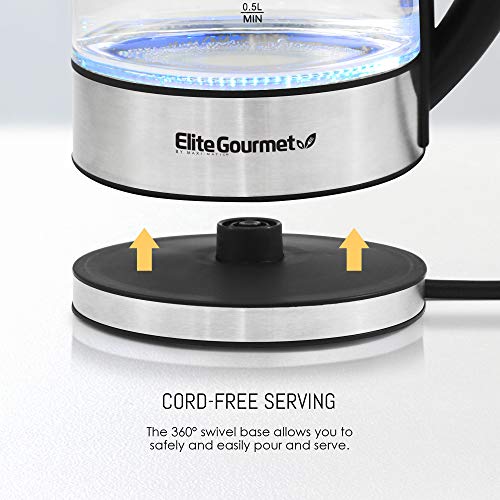 Image of Elite Gourmet EKT-1789D 1500W Electric Programmable w / 5 Temp Settings, Warm Function BPA-Free Glass Kettle, Cordless 360 Base, Blue LED Interior, Auto Shut-Off - Quickly Boil Water For Tea & More