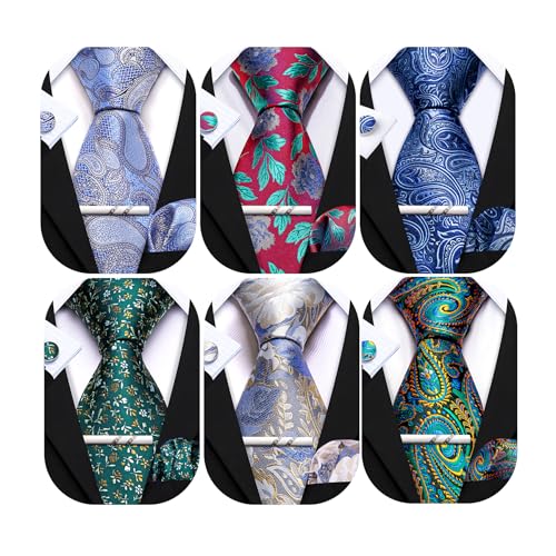 Image of Barry.Wang 6 PCS Men Ties Set Silk Business Fashion Woven Necktie Handkerchief Cufflinks Paisley Stripe Wedding Party