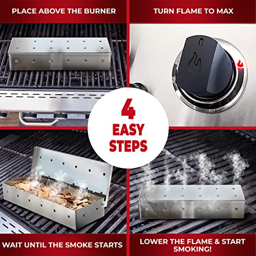 Kitchen Perfection Smoker Box Filled With Cherry Wood Chips -Top Grill Smoker Box, Adds Delicious Smokey Flavor On Gas Grill/Charcoal Grills, Stainless Steel Bbq Grill Accessories Grill Master Gift #TOP4