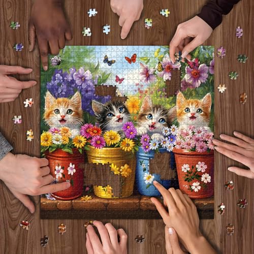 PICKFORU Cat Puzzles for Adults 1000 Pieces, Colorful Animals Jigsaw Puzzles Kitten Butterfly, Difficult Flower Plant Puzzle as Home Decor - Image 6