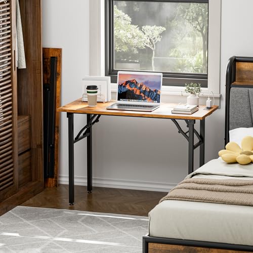 Image of TEMI Small Computer Desk Folding Table - No Assembly, Compact 44.3 inch Foldable Desk with Power Outlets & USB Charging Port, Portable Small Office Desk, Ideal Mini Study Table for Narrow Spaces, Brown