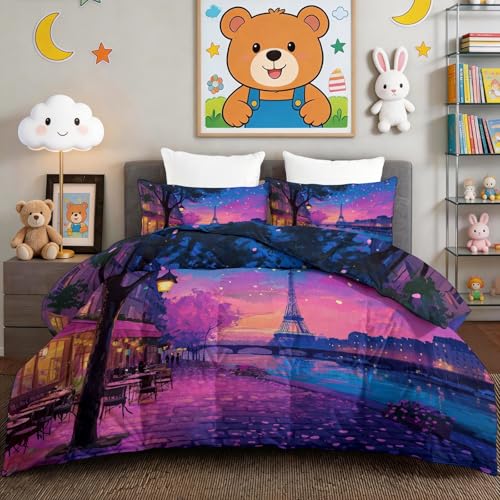 Edredón individual Torre Eiffel morado acolchado con funda de almohada 4