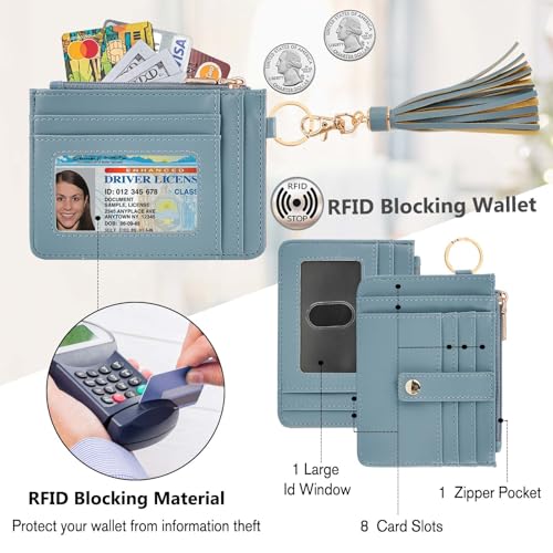 Image of KNGITRYI Wristlet Wallet for Women,RFID Keychain Wallet with Beaded Strap | 8 Card Slots,ID Window,Zipper Pocket,Leather Tassel,Compact Design