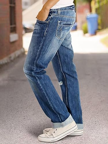 Flamingals Women's Straight Leg Mid Rise Vintage Wash Ripped Distressed Denim Jeans with Pockets2