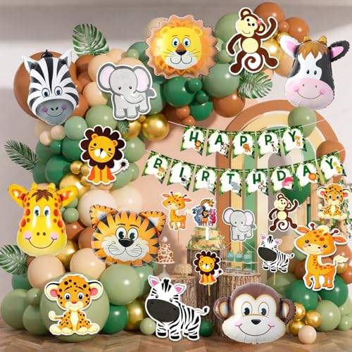 Image of Rozi Decoration Jungle Theme Birthday Decoration Kit Pack of 61 Pcs with Happy Birthday Paper Banner, Animal Face Foil Balloons, Latex Balloons, Animal Cutouts, Cake Topper and Props for Kids Birthday