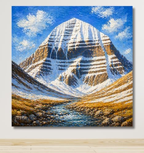 Image of Kunj Cart Mount Kailash Painting | 10+ DESIGNS | Kailash Parvat Canvas Painting for Living Room, Temple Home & Office Wall Decoration (Blue Sky Kailash Mountain, 24x24 Inch, Framed)
