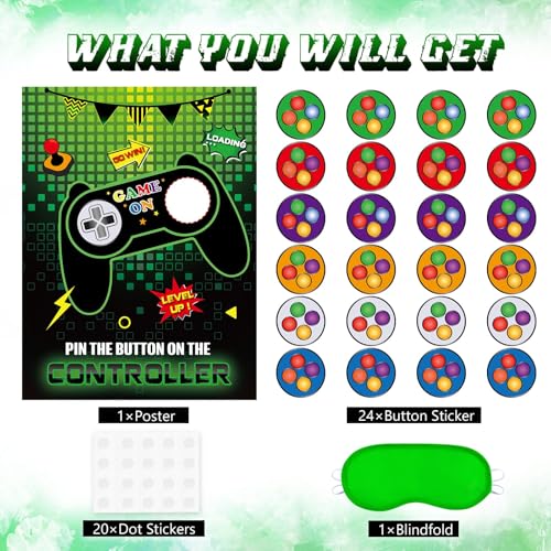 Image of WERNNSAI Pin The Button on The Game - Gamer Party Decorations Birthday Games for Kids Party 21 inch x 28 inch Game Poster with 24 Sticker for Boys Gaming Night Birthday Wall Home Room Decorations | Video Game Party Decorations,Birthday Games for Kids,28 inch x 21 inch Poster with 24 Stickers and Blindfold
