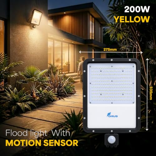 Image of Forus 200W LED Flood Light Yellow with Motion Sensor Auto On Off Day Night Mode Waterproof Outdoor Security Light for Garden Parking Garage Factory Warehouse High Bright Floodlight 4Yr Warranty-1Pc