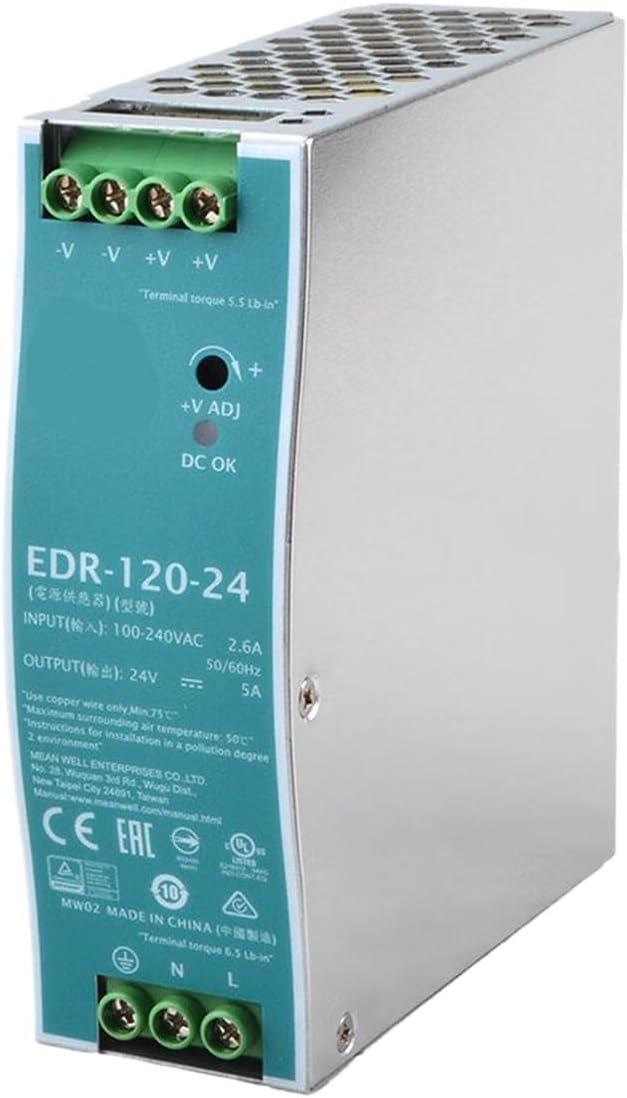 EDR-120-24 24V 5A 120W Ultra-Thin Din Rail Power Supply, 90-264VAC Input, UL/CE Certified for Industrial Automation