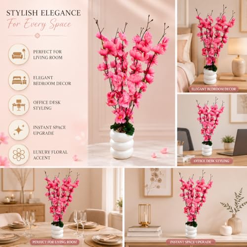 Image of Artificial Pink Flower Stems in Modern Ceramic-Style Pot Faux Blossom Arrangement for Home Decor, Living Room, Bedroom, Office Desk, Table Centerpiece & Interior Decoration