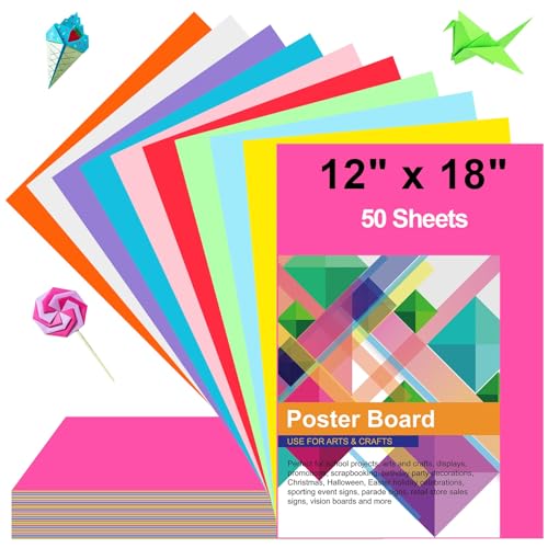 Image of 50 Pcs Poster Board Colorful Paper 12x18, ROOKEA Vision Boards Bulk Blank Graphic Display Posterboard Card Paper for Kids School Classroom Arts Craft Projects Drawing Scrapbooking