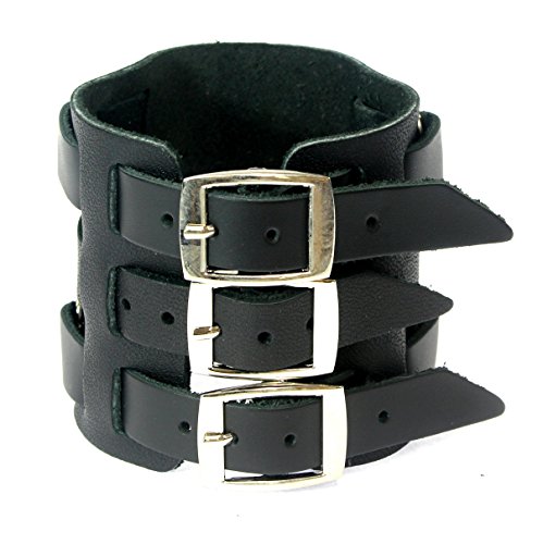 Wide Triple Strap Leather Cuff Wrap Gothic Wristband Bracelet With Buckle Fastening - BLACK LEATHER3