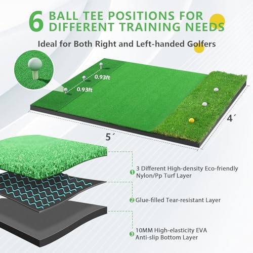 Golf Hitting Mat, 2024 Upgrade Pro Nylon Turf Golf Mats Practice Indoor Outdoor,5x4ft Premium Impact Turf Mat Come with 3 Rubber Tees, 6 Golf Balls, 6 Golf Tees for Golf Training Aids Chipping Swing