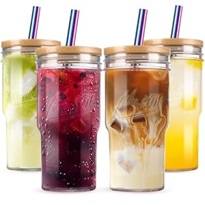 24 oz Glass Cups with Lids and Straws – 4 Pack Glass Tumbler Cups Wide Mouth Mason Jar Drinking with Bamboo Lid and Straw, Reusable Glass Tea Cup for Smoothie, Iced Coffee, Water, Juice, Milk