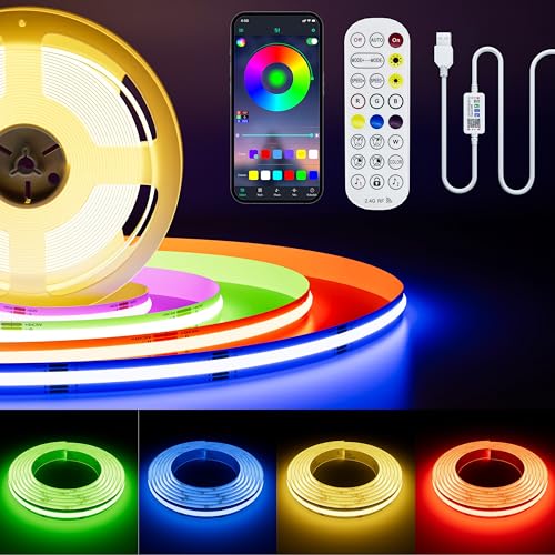 PAUTIX RGB Ruban LED COB 3m, USB 5V 1800LEDs avec contrôleur Bluetooth Smart APP Multicolore Bande Lumineuse LED Flexible pour Chambre, Bar, TV, Cuisine, Fête, Décoration de Bricolage