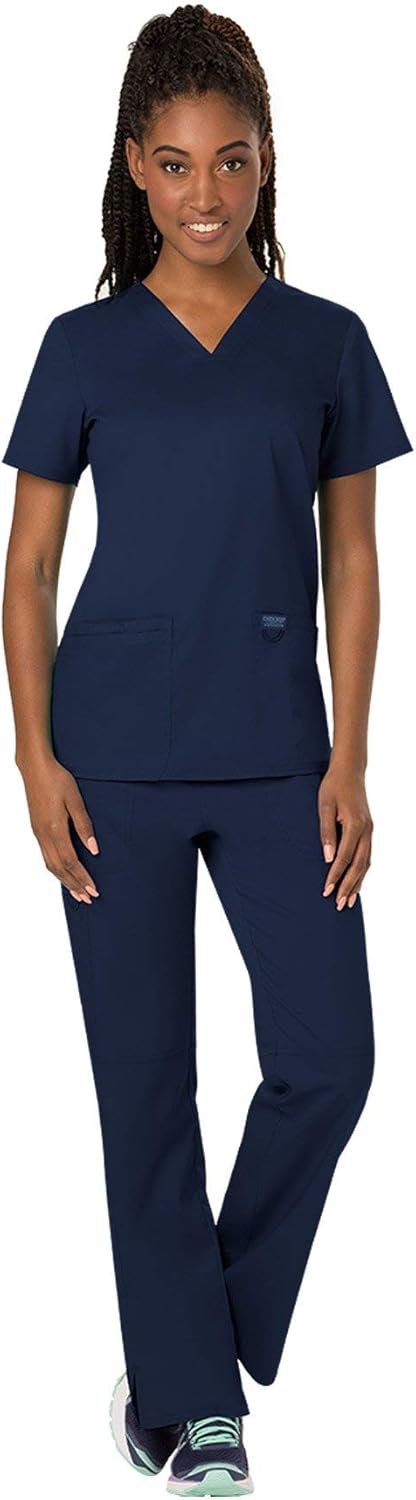 Cherokee Workwear Revolution Women's Medical Uniforms Scrubs Set Bundle - WW620 V-Neck Scrub Top & WW110 Elastic Waist Scrub Pants (Navy - Small - Small)