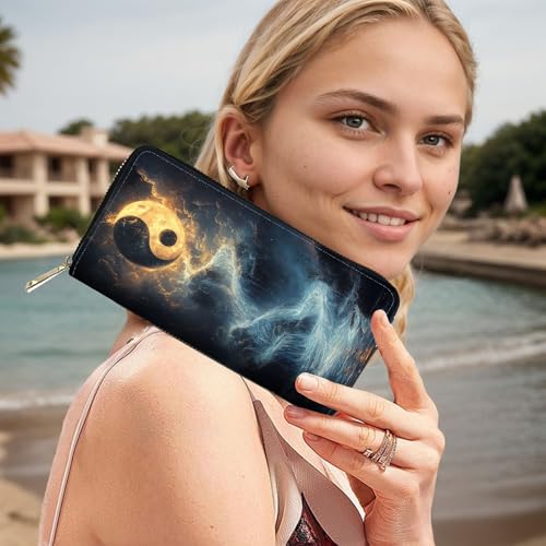 Image of RFID Blocking Leather Wallet for Women - Large Capacity Zip Around Clutch with 8 Card Slots,11 Cash Pockets & Coin Zipper,Tai Chi Yin Yang Diagram