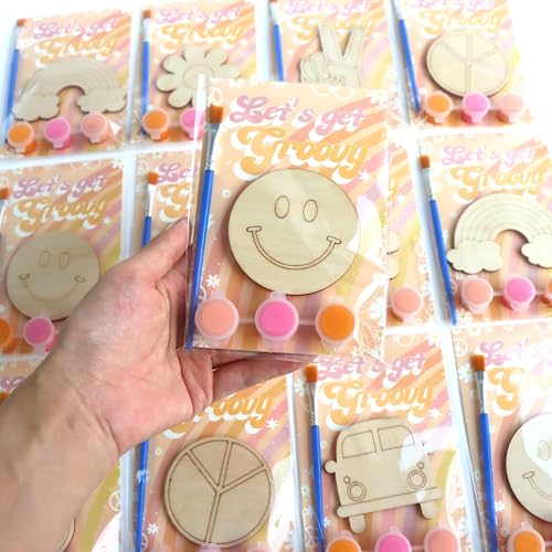 BOIKOKY 12 Pack Pre-Packaged Groovy Party Favors Wooden Retro Cutouts with Magnets & Painting Kits for Kids 70s Theme Birthday Decorations & Thank You Gifts for Guests