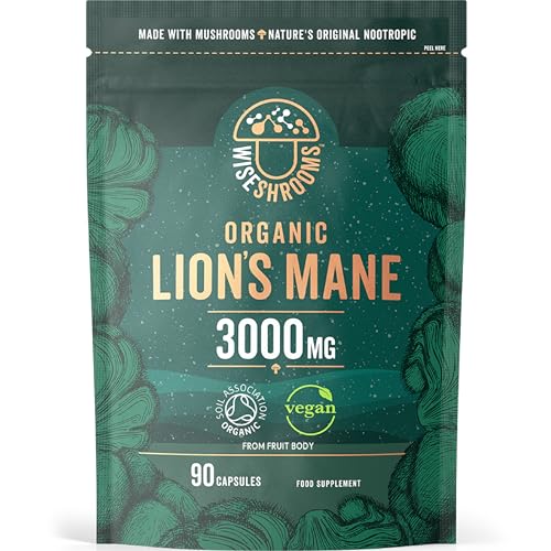 Lions Mane Supplement 3000mg | Organic | High Strength Mushroom Supplement | from Fruit Body | 90 Vegan Capsules | by Wiseshrooms