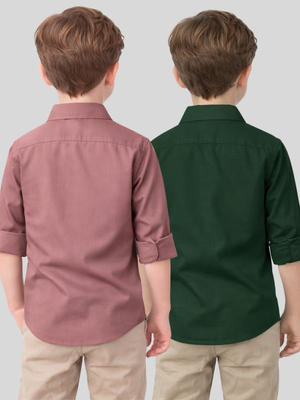 Image of YYQ Pack of 2 Boys Solid Cotton Blend Shirts - Full Sleeve Casual, Soft & Comfortable Spread Collar Shirts for Boys