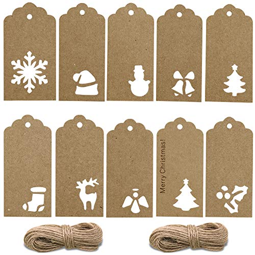 100 Pcs Christmas Tags with Twine,DanziX Kraft Paper Present Wrap Hanging Labels with 65.6 Feet String-Brown