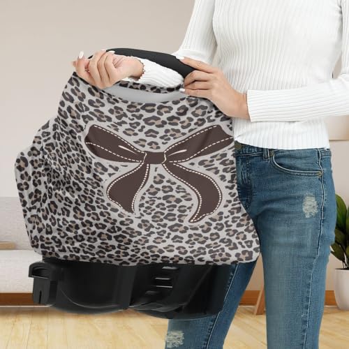 Image of Leopard Print Bow Car Seat Cover Baby Breathable Nursing Covers