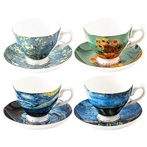 GUTE Van Gogh Tea Set, 4 Bone China Mugs with Gold Lined Handles, 8oz, Set of 4 – Great for Gifting