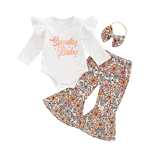 Image of My First Halloween Baby Girl Outfit Pumpkin Onesie+Bell Bottoms+Headband Newborn 1st Halloween Clothes Costume (Spooky Baby Beige,0-3 Months)