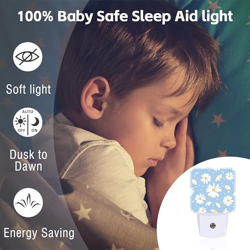 Image of Watercolor White Daisies Flowers Night Light for Kids,Abstract Floral Flying Petals Night Light Plug in with Dusk to Dawn Sensor,0.5w Energy Saving Nightlight for Hallway Stairway Kitchen Bedroom