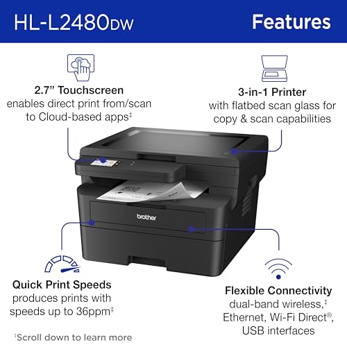 Image of Brother HL-L2480DW Wireless Compact Mobile Monochrome Multi-Function Laser Printer with Copy, Scan, Duplex, Black & White Output | Includes Refresh Subscription Trial(1), (Renewed Premium)