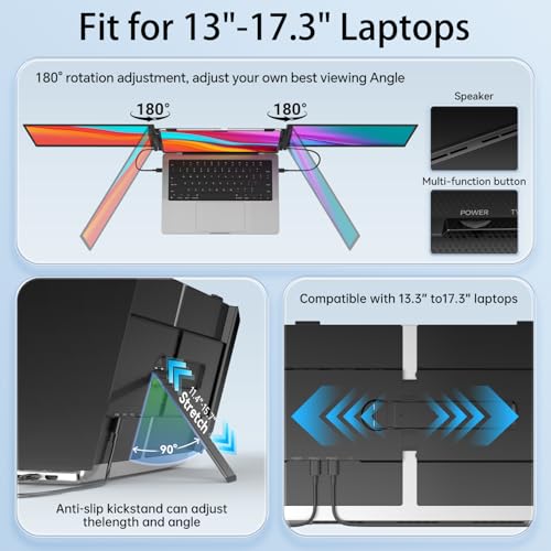 Image of 14.2 inch Triple Laptop Screen Extender, Ultra-Thin FHD 1080P IPS Portable Monitor for Laptop, Aluminum Alloy Tri-Screen Travel Monitor, Plug & Play for Windows /Mac /Chrome, Fits 13 inch-17.3 inch Laptops