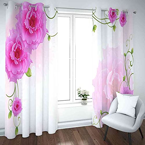 Rideaux occultants 100% polyester à oeillets fleurs roses romantiques 3D