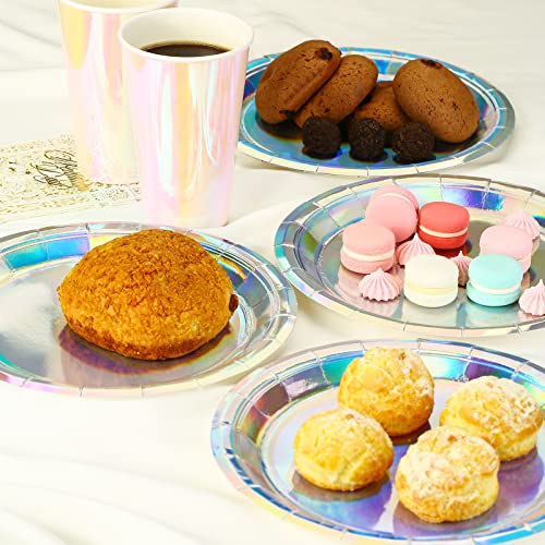 Iridescent Paper Plates 9 Inches [50 Pack] Round Disposable Dinner Paper Plates For Cakes Salad Pizza Holographic Rainbow Silver Decorations Party Supplies For Events Wedding Anniversary Christmas #TOP2