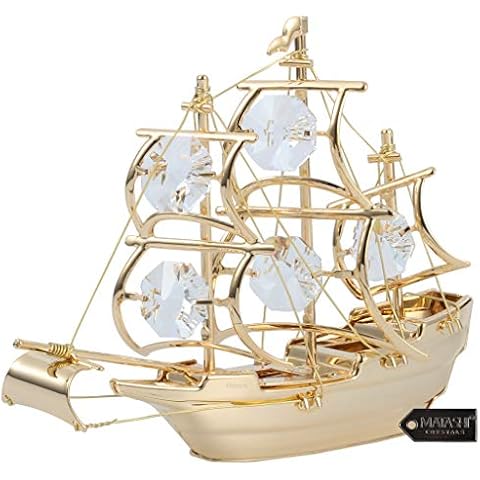 Matashi 24K Gold Plated Highly Polished Mayflower Ship Ornament Crystal Studded Figurine Tabletop Showpiece for Living Room Gift for Christmas Valentine's Day Mother's Day Anniversary Birthday Cover