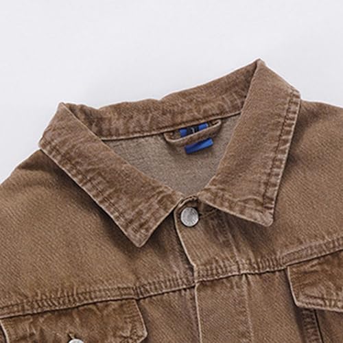 DGKaxiyaHM Men's Distressed Vintage Windproof Denim Jacket Hooded Button Down Jean Coat Outdoor Outerwear With Pockets (Medium,Brown)4