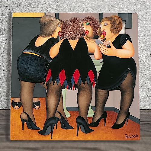 Global Designs Getting Ready Ceramic Tile Plaque Sign Wall Art Picture By Beryl Cook UV Printed Artwork Girls Night out 20x20cm