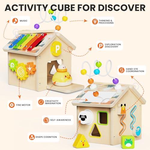 Image of 9-in-1 Wooden Activity Cube, Montessori Baby Activity Center Toys for 1+ Year Old Boys & Girls, Farm Theme Baby Cube with Car Toys & Shape Sorter, Educational Toy for Toddlers, Ideal Baby Gifts