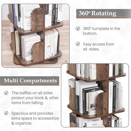 Image of ABOUT SPACE Rotating Book Shelf for Home Library - 4 Tier 360 Book Rack | Wooden Square Bookstand with Partition Curved Edges, Bottom Turnplate for Office Livingroom (Walnut - L 40 x B 40 x H 130cm)