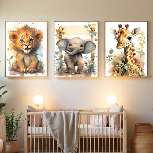 3 Affiches Animaux Jungle Tableau Savane Bebe Garcon Decoration Chambre Enfant Lion Girafe Poster Chambre Enfant Foret 30x40 Toile Boho Affiche Animaux Chambre...