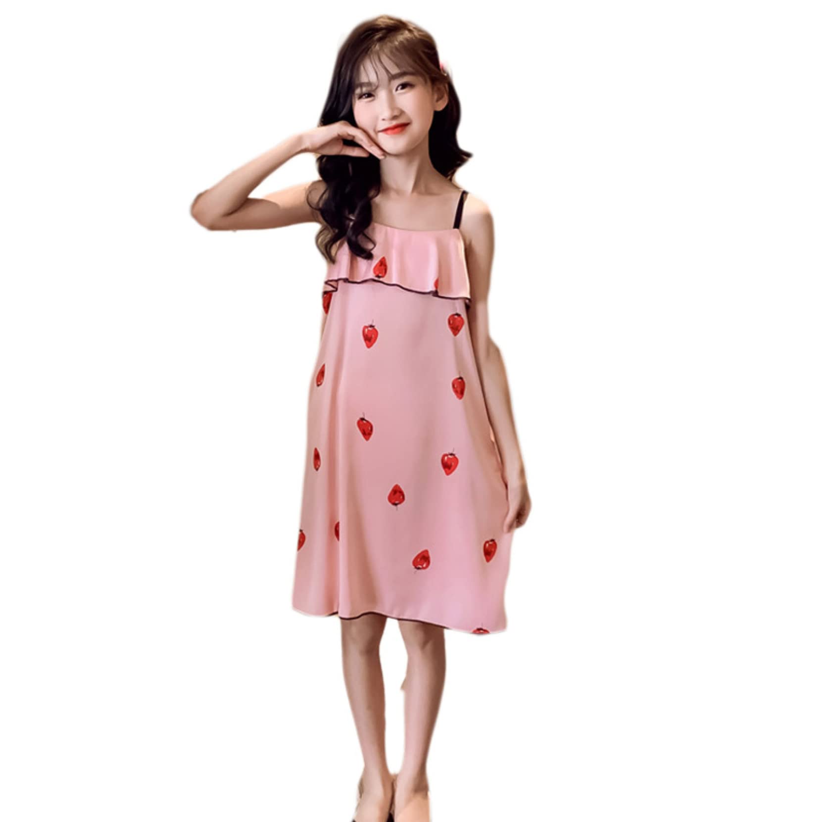 Pajamas, Kids, Negligee, Girls, Suspenders, Summer, Room Dress, Children's Pajamas, Ruffles, Cute, Nightwear, Nightdress, 100% Cotton, Strawberries/Bowknot Pattern, Loungewear, Fluffy, Skin-friendly, Breathable, Stylish, Cool 140 safety pink