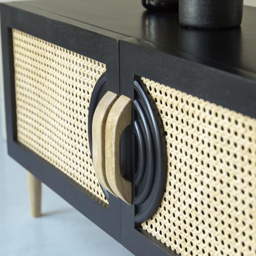 Image of Premium Solid Wood, 10 Minutes Assembly (Legs Only), Aesthetic Rattan Doors, Mid Century Entertainment Center for Living Room, TV Stand for 65 inch TV, Dark Chocolate (Black Unique)