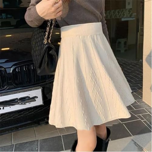 French Style Women's Solid Elastic High Waist Office Lady Slim Knittd A-Line Pleated Skirt3