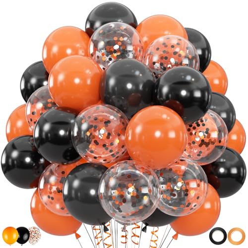 Image of 100pcs Black Orange Balloons, 12 inch Halloween Balloons, Orange and Black Confetti Party Balloon for Birthday, Class of 2025 Graduation Party Decorations