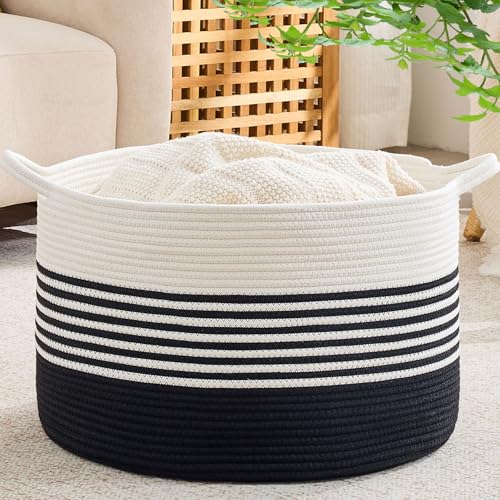 Image of KAKAMAY Cotton Rope Storage Basket (20 inchx13 inch),Woven Hamper for Blankets,Toys,Pillows,Clothes,Laundry,Sturdy Handles Decorative Basket for Living Room, Bedroom,Nursery(Black /Black Fringe)