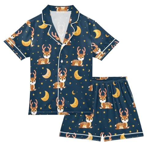 ALAZA Deer Moon Star Blue Pajamas Satin Pajama Set Short Sleeve Button Down Sleepwear