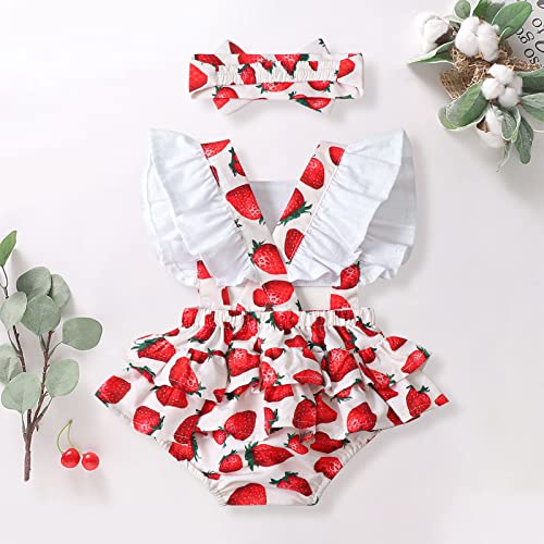 Newborn Baby Girl Outfits Summer Infant Romper Ruffle Sleeve Suspender Jumpsuit Onesies Summer Clothes + Headband Strawberry 3-6 Months #TOP2
