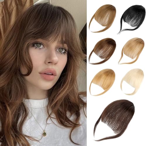 Leterly Bangs Hair Clip in Bangs,100% Real Human Hair Extensions French Bangs Clip on Curtain Flat Bangs Fringe with Temples Hairpieces for Women Dark Brown