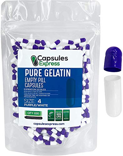 XPRS Nutra Size 4 Empty Capsules - 100 Count Colored Empty Gelatin Capsules - Capsules Express Empty Pill Capsules - DIY Supplement Capsule Filling - Fillable Color Gel Caps Pills (Purple/White)